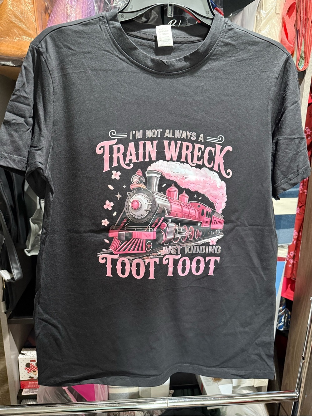 Funny Train Wreck Graphic Tee - Pink on Black - Picture 2 of 4